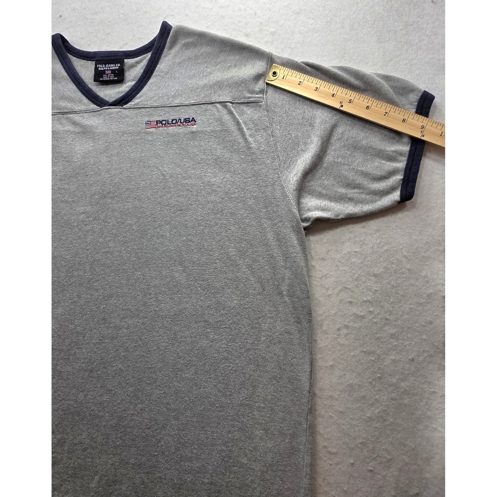Polo Ralph Lauren Vintage Men's Gray Blue Ringer Polo USA V-Neck Shirt. Size L - Picture 6 of 8